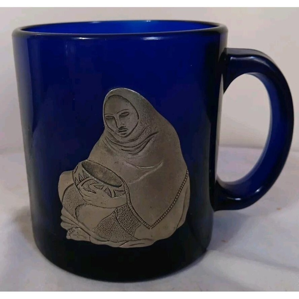 Heritage Pewter Aztec Woman Mug‎ Cobalt Blue Glass Southwestern Primitive